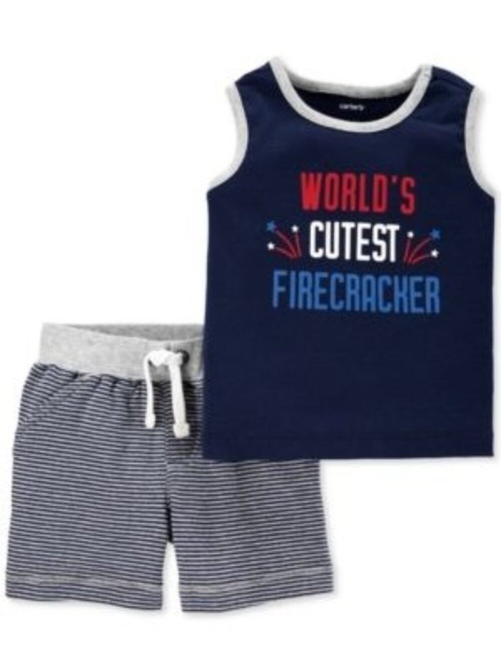 Carters Navy "Worlds Cutest Firecracker" Tank Top & Gray Stripe Shorts Set - Inf